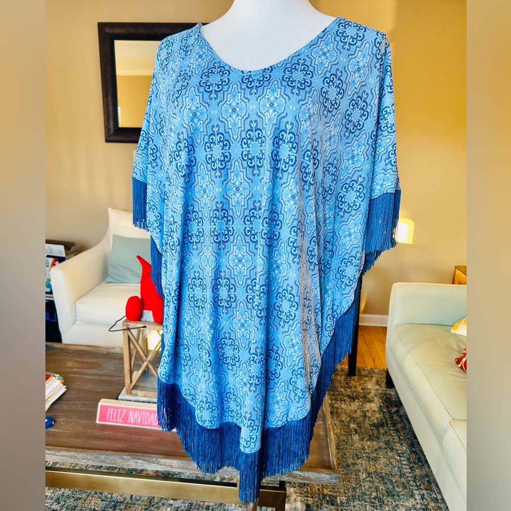 Cabana Life UPF 50+ Blue Medallion Fringe Poncho Swim Cover Up Large